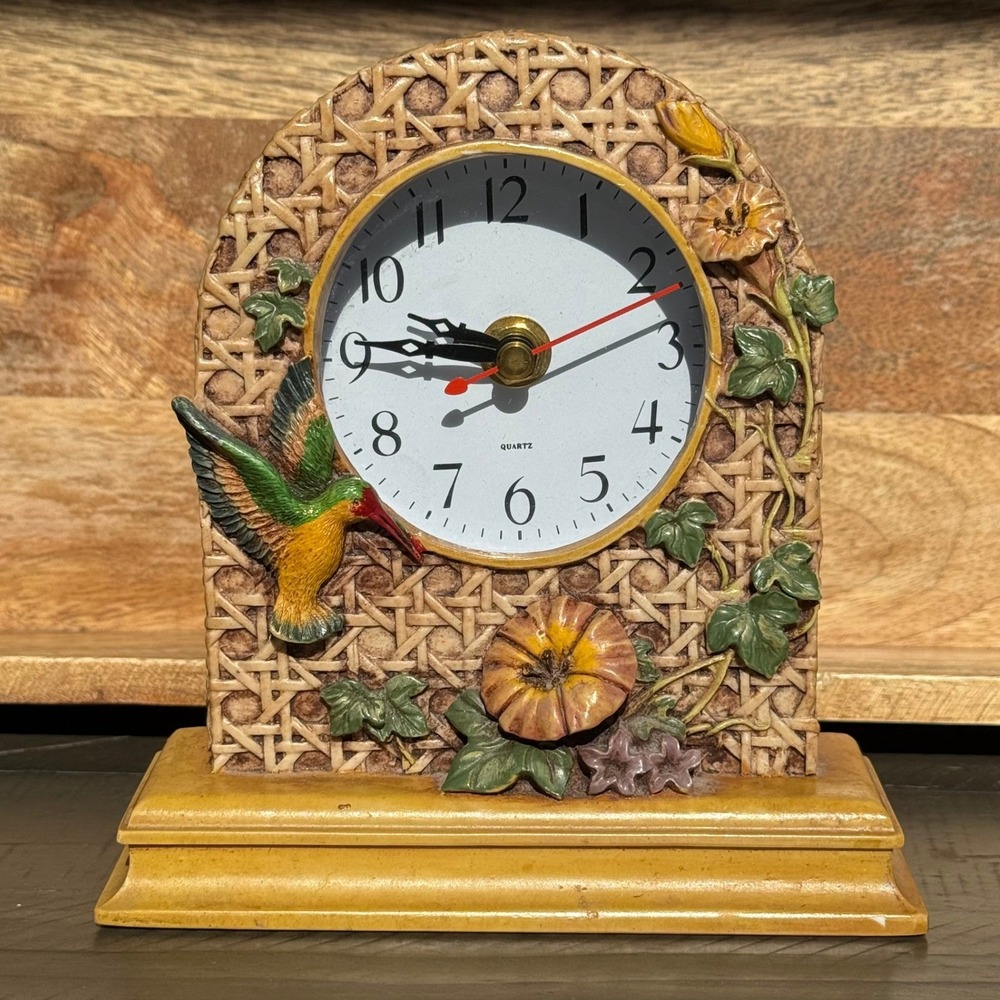 Hummingbird‎ Table Clock Rattan Look Quartz Decorative Home Decor - Picture 2 of 4